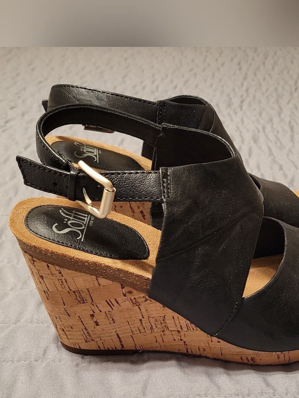 Söfft Corrina Black Leather Cork Wedge Sandal Slingback-Size 9 (NWOB)